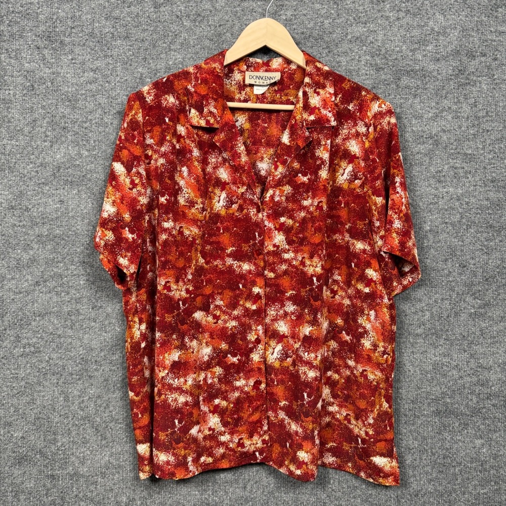 Donnkenny Woman Plus 2X‎ Shirt Tan Brown Button Up Abstract Print Short Sleeves
